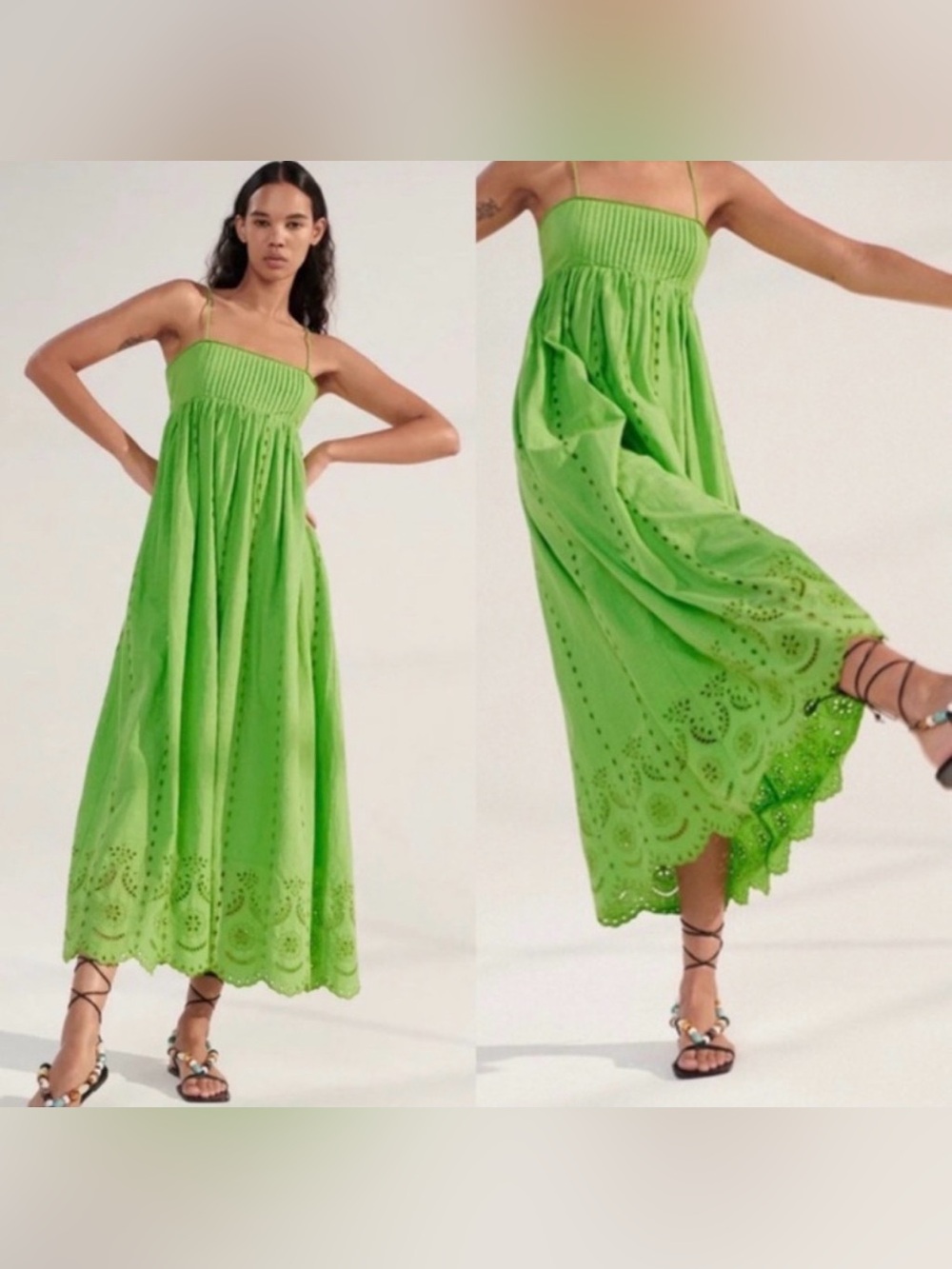 Zara 100% Cotton Lime Green Eyelet Maxi Sundress with Spaghetti Straps